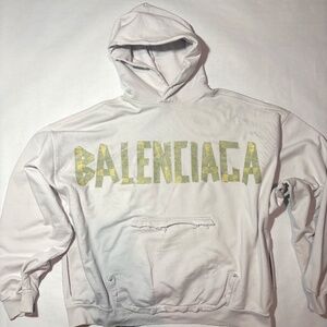 BALENCIAGA TAPE TYPE RIPPED POCKET HOODIE LARGE FIT IN WHITE